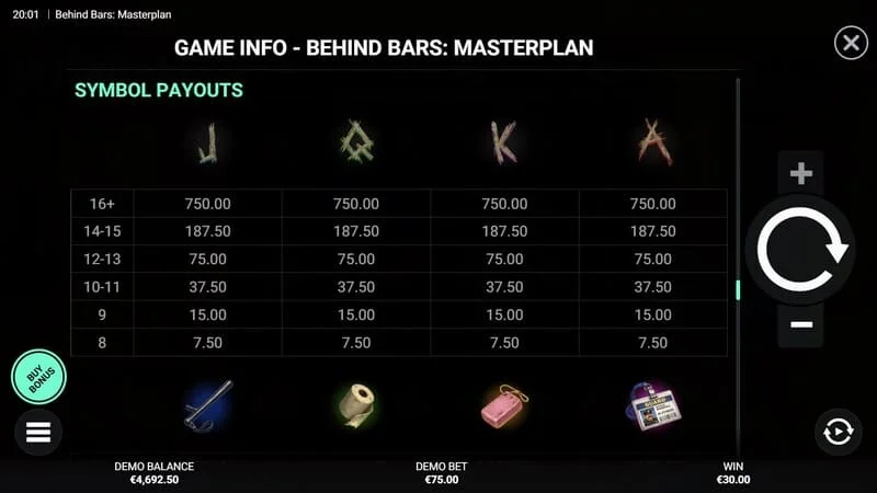 Behind Bars Masterplan - payout table for top pictures